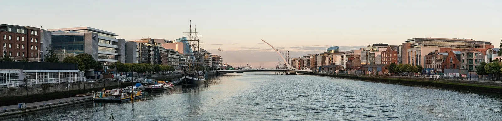 Panoramic view of the River Liffey and Samuel Beckett Bridge